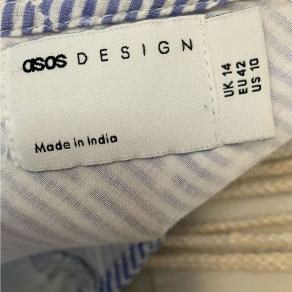 ASOS Tie Shoulder Striped Smocked Mini Sun Dress 100% Cotton Size 10 - Picture 10 of 11